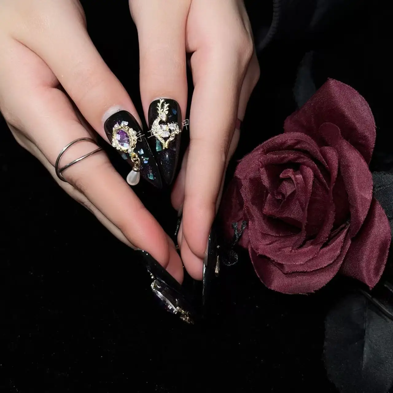 10Pcs Dark Luxury Palace Stiletto Press On Nails, Black Iridescent Glitter Fake Nails with 3D Gold Elk Gem Pearl Bow Dangling Ch