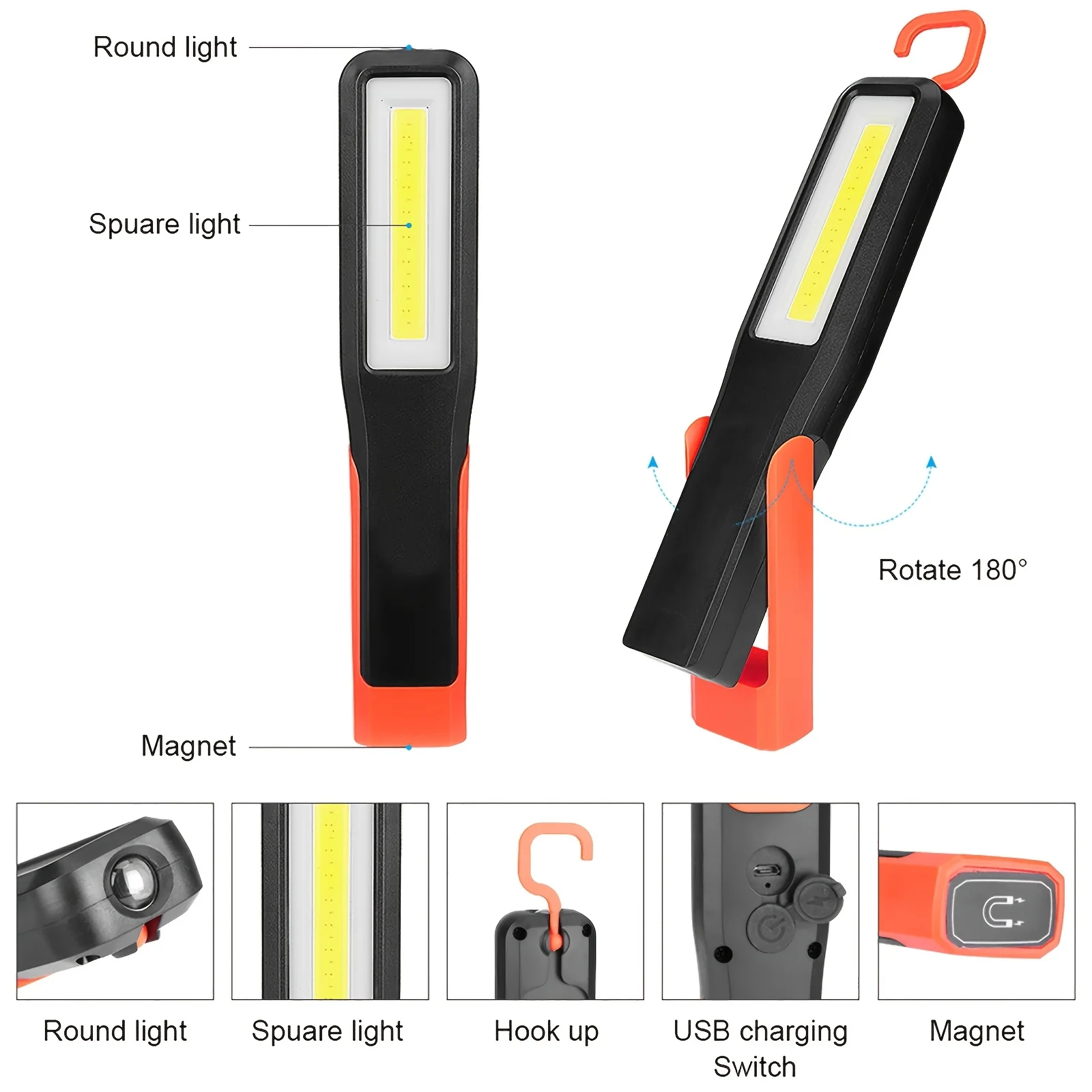 

Перезаряжаемый светодиодный рабочий фонарь COB, магнитное основание, вращающийся крючок, USB-зарядка, портативный фонарик, аварийный фонарик для кемпинга, рыбалки на открытом воздухе