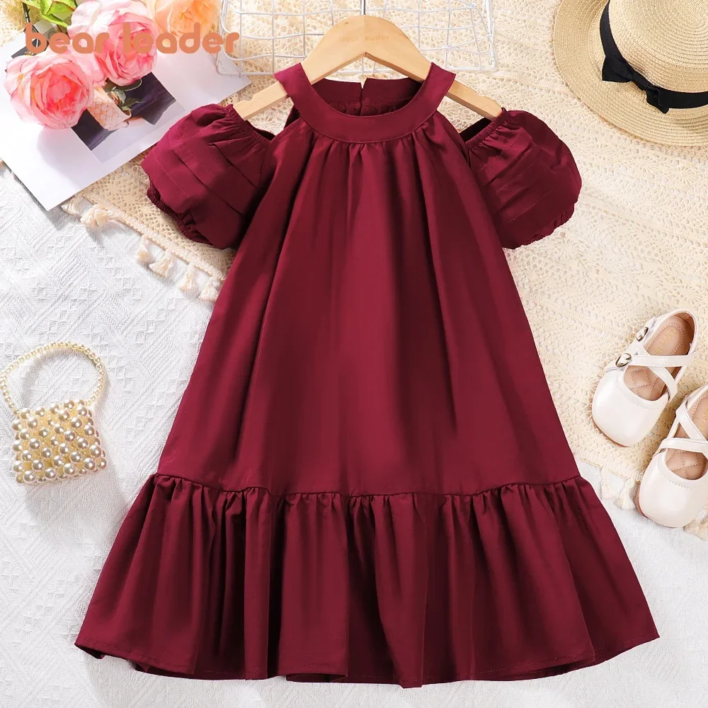 Bear Leader Chritsmas Princess Dress Girls Dresses Summer Hanging Neck Off Shoulder Bubble Sleeve Dress Solid Girls Clothes