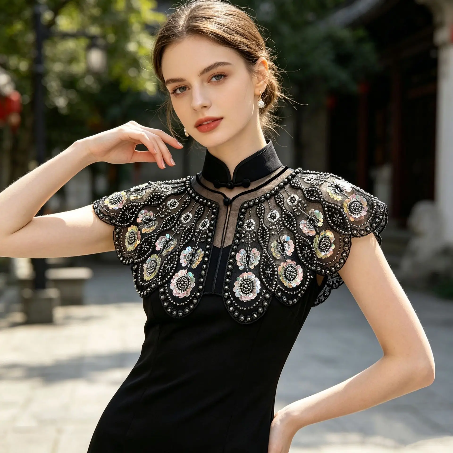 Beaded Sequin Mesh Women s Shawl Collar Cape Detachable Fake Collar Overlay Shrug Elegant Party Accessory