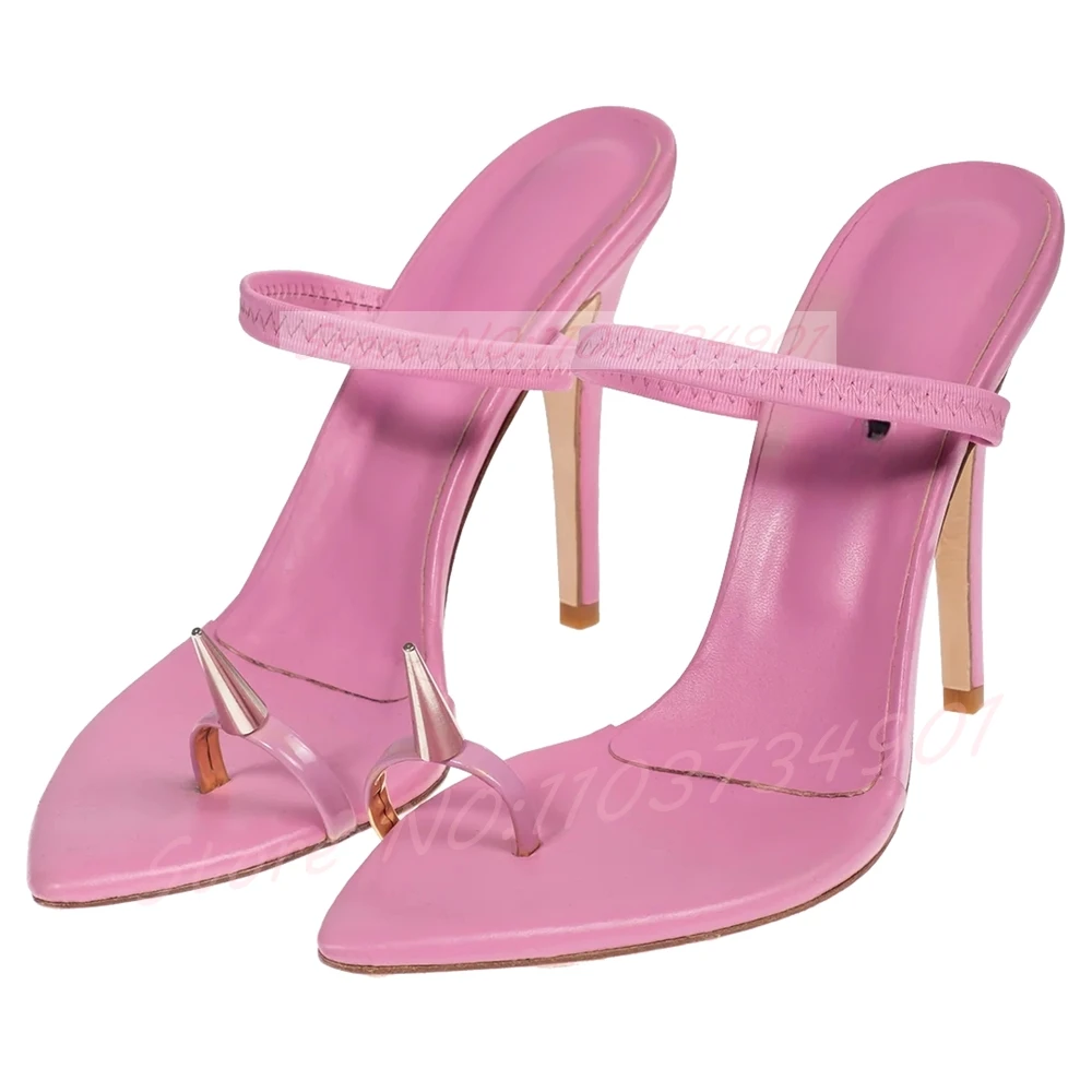 Toe Loop Spike Heels Sandals Women Thin-Strap Pointed-Toe Pink Flip-Flops Mules Ladies Punk Rivets Leather High-Heeled Mules