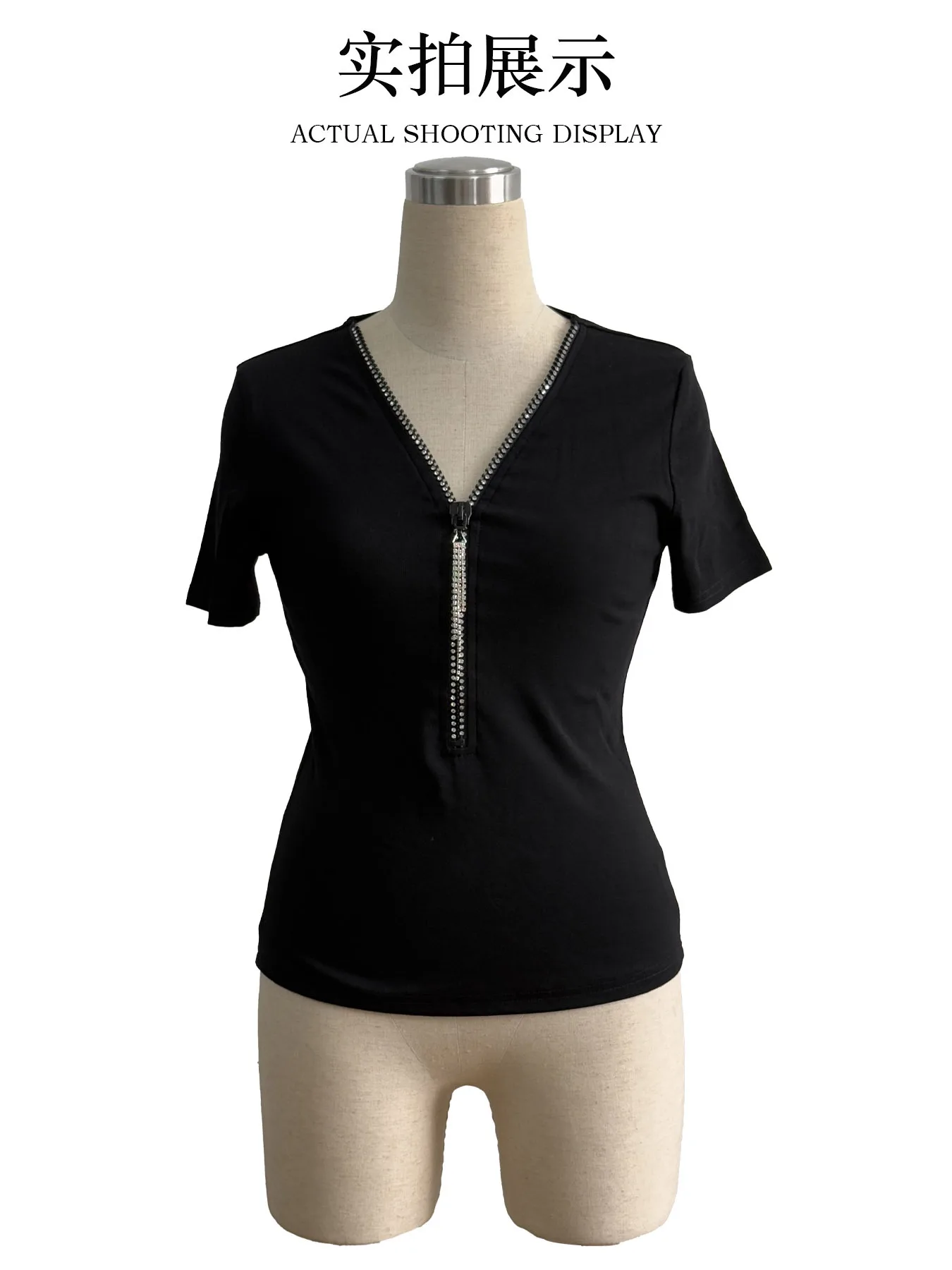 2026 New 95 Cotton Ribbed V-neck Diamond Pendant Zipper Solid Color Short-sleeved T-shirt Slim Top Women's Cw68355