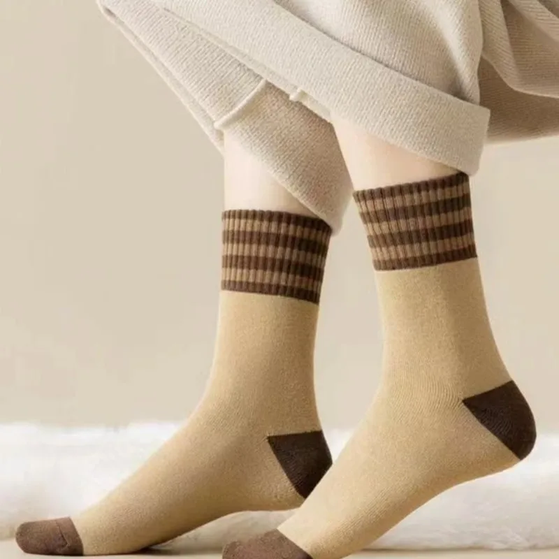Women's Autumn Winter Socks Mid Tube Socks Warm Towel Socks Thick Cashmere Socks Three-stripe Socks Solid Color Simple Wholesale