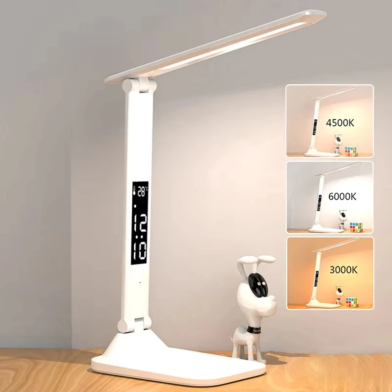 Rechargeable LED Desk Lamp USB Dimmable Touch Foldable Table Lamp with Calendar Temperature Clock Night Light for Student Studyi