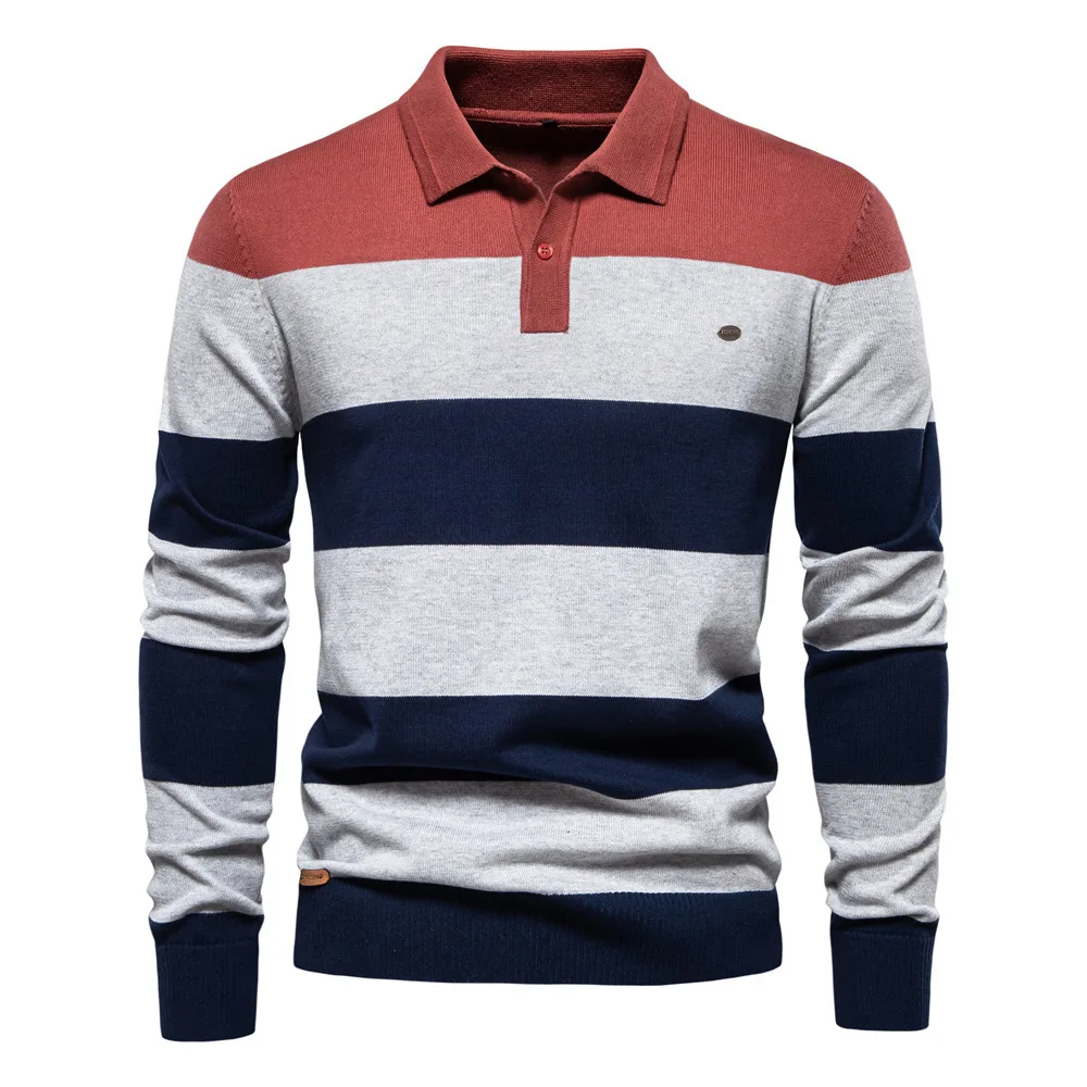 2024 Autumn New Long Sleeved POLO Collar Slim Fit Lapel Striped Patchwork Men's European Size Knitted Sweater