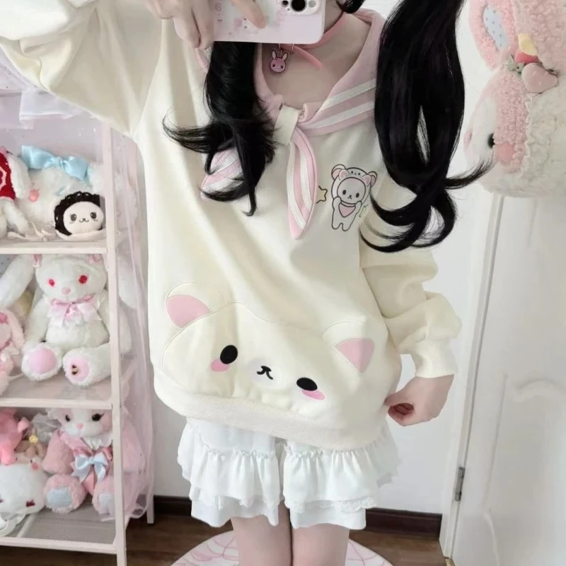 

Осенний милый свободный женский пуловер с длинными рукавами, милый темно-синий воротник с принтом медвежонка, топы, японская модная женская одежда