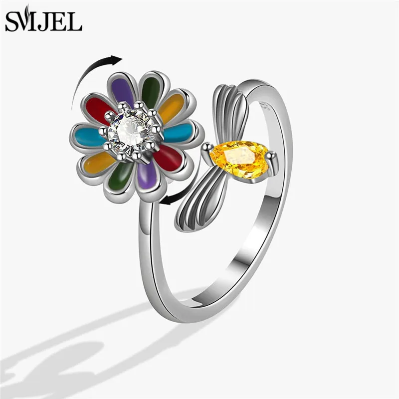 SMJEL Modischer Kirschblüten-Angstring, Fidget-Spinner-Ringe für Frauen, süße Katze, Biene, Hase, Schmetterling, drehbarer Ring, Hochzeitsgeschenk