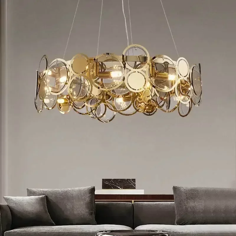 

Adrianna Glass Round Chandelier led Iron Gold Circle ring Lighting for dining room living room Nordic luxury Suspension lamp
