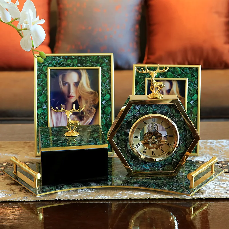 Glass Photo Frame Desktop Setting Green Agate Pattern Golden Border Storage Display Home Decoration