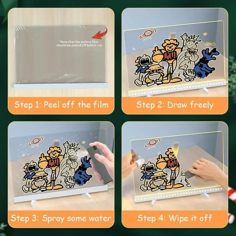 Planche à dessin lumineuse transparente en acrylique, planche magique LED pour mémo effaçable, jouets de bricolage pour enfants, avec stylo marqueur de 7 couleurs et support
