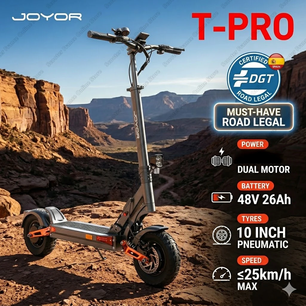 JOYOR T-PRO DGT-Zertifizierter E-Scooter mit Doppelmotor, Konform mit Spanischer Straßenzulassung, Elektroroller mit 90 km Reichweite & 25 km/h Geschwindigkeit, 10'' Reifen, Faltbarer E-Scooter