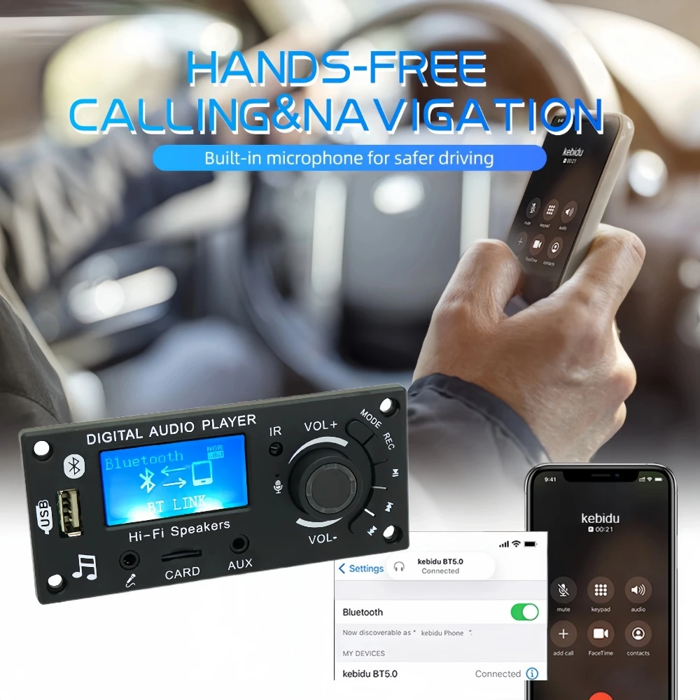 بلوتوث MP3 فك مجلس ، تيار مستمر 12 فولت ، ميكروفون ، LCD كلمات العرض ، سجل يدوي ، سيارة استقبال الصوت ، USB ، TF ، FM مشغل موسيقى ، بلوتوث 5.0