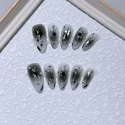 10Pcs Hot Girl Silver Star Press On Nails Medium Almond Fake Nails Dark Detachable Ballet Wearable Artificial Nail Tip with Glue