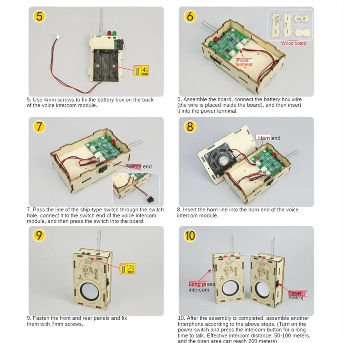 SWXF 2Pcs Walkie Talkie Set DIY Kayu Jangkauan Jauh Elektronik Belajar Aksesoris DIY Radio Genggam Interkom