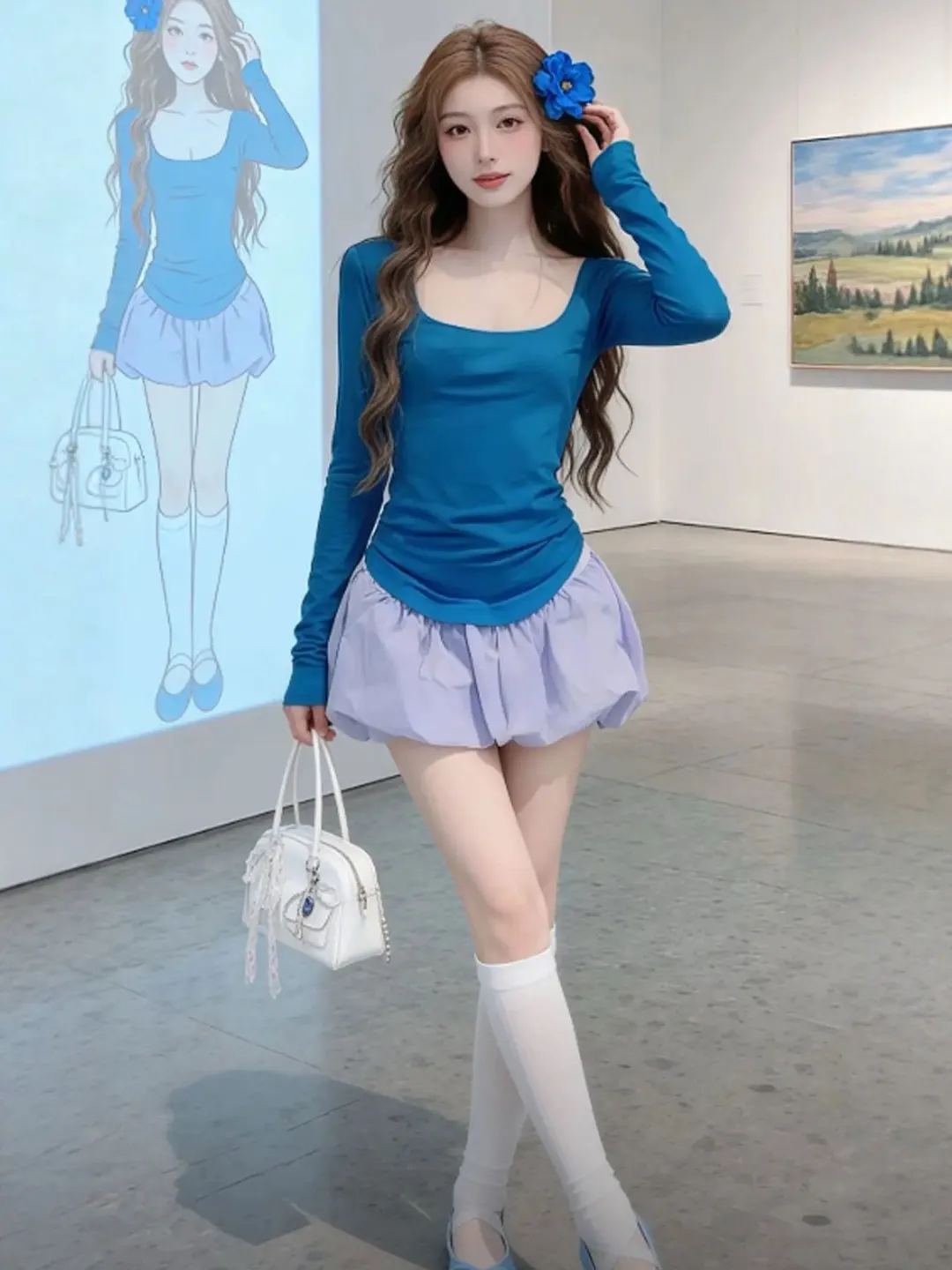 

Soft Sle Spring Collection Women's Faion Set Unique Puffy Flower Bud Skirt Two-Piece Ensemble Comfortable Long Sve V-Ne