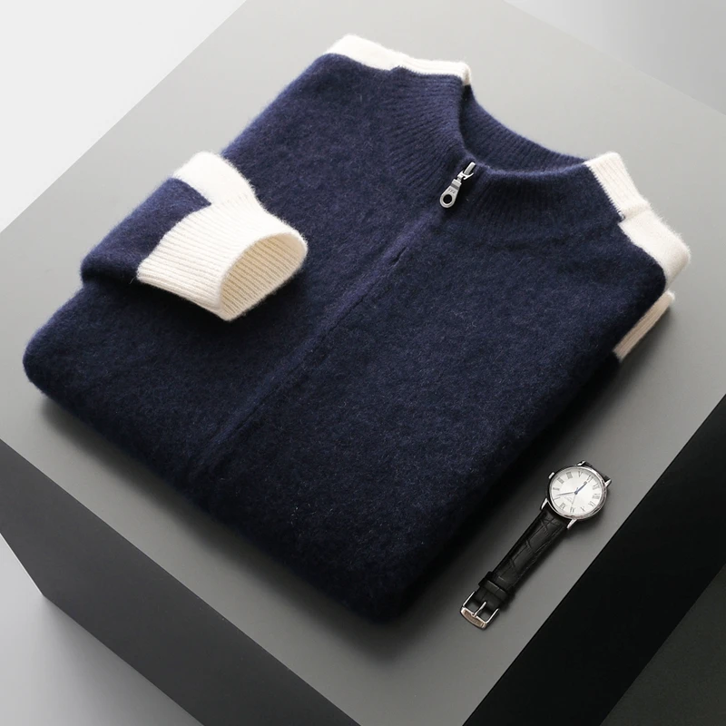 

High Quality Men Winter Thick Cashmere Cardigan Mock Neck Zipper Sweater 100% Merino Wool Knitwear Smart Casual Soft Warm Cloth
