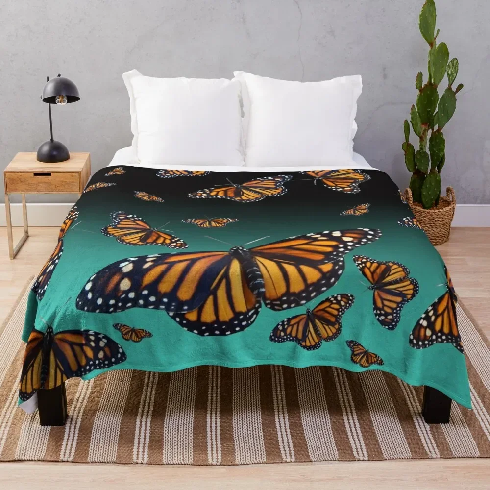 Blue and orange monarch butterfly pattern Throw Blanket Bed covers Summer Beddings Summer Blankets