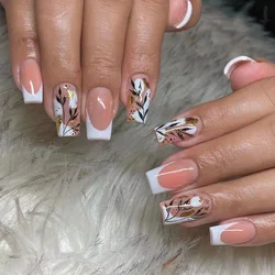24Pcs Short Square Head French False Nails DIY Manicure Wearable Fake Nails Art Full Cover Nail Tips Removable Press on Nails