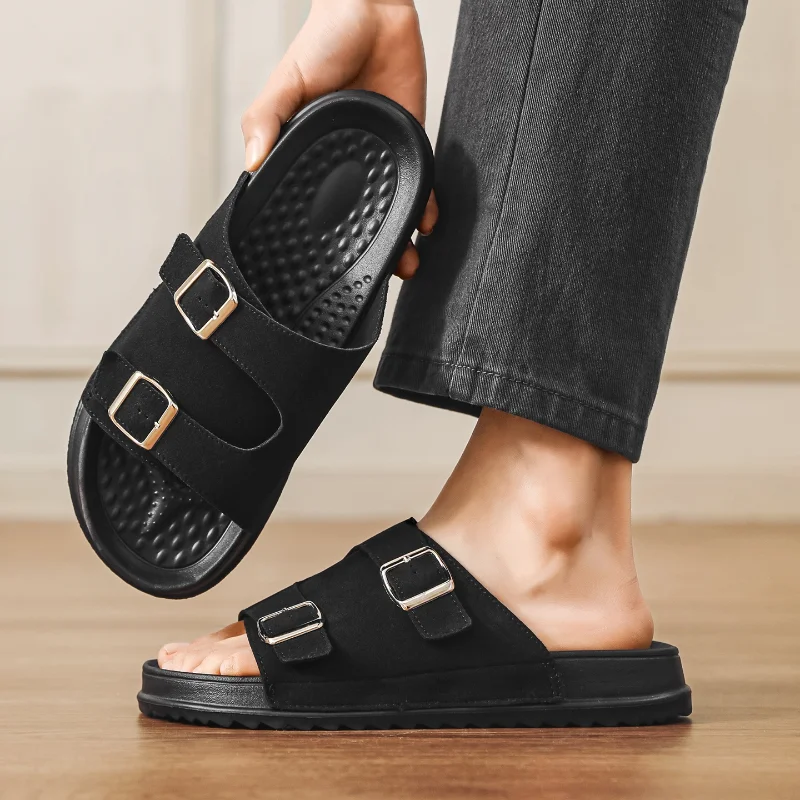 

Double Buckle Classic Slippers, Casual Adjustable Slides, Comfortable Non-slip Daily Outdoor Footwear