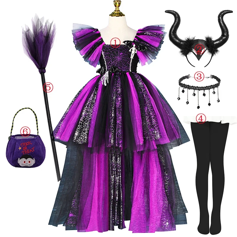 

Girls Halloween Disguise Witch Costume Kid Tutu Trailing Dress Kids Carnival Cosplay Party Outfit Spider Web Design Mesh Clothes