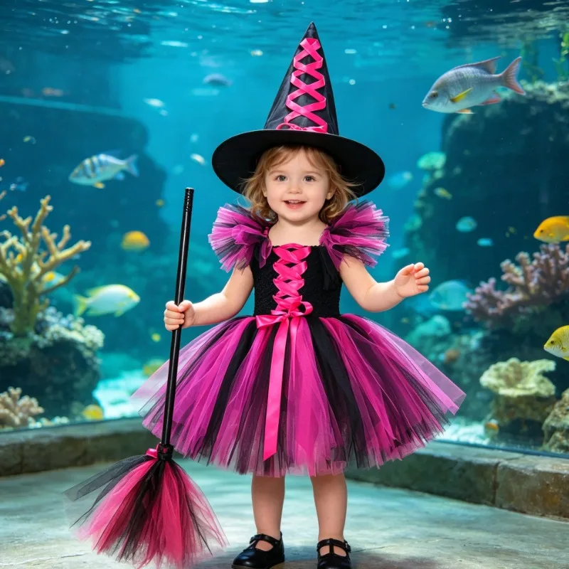 

Dazzling Rose Red Chiffon Fluffy Dress for Holiday Parties Cosplay Dress Up, Complete with The Same Hat, Broom and Accessories