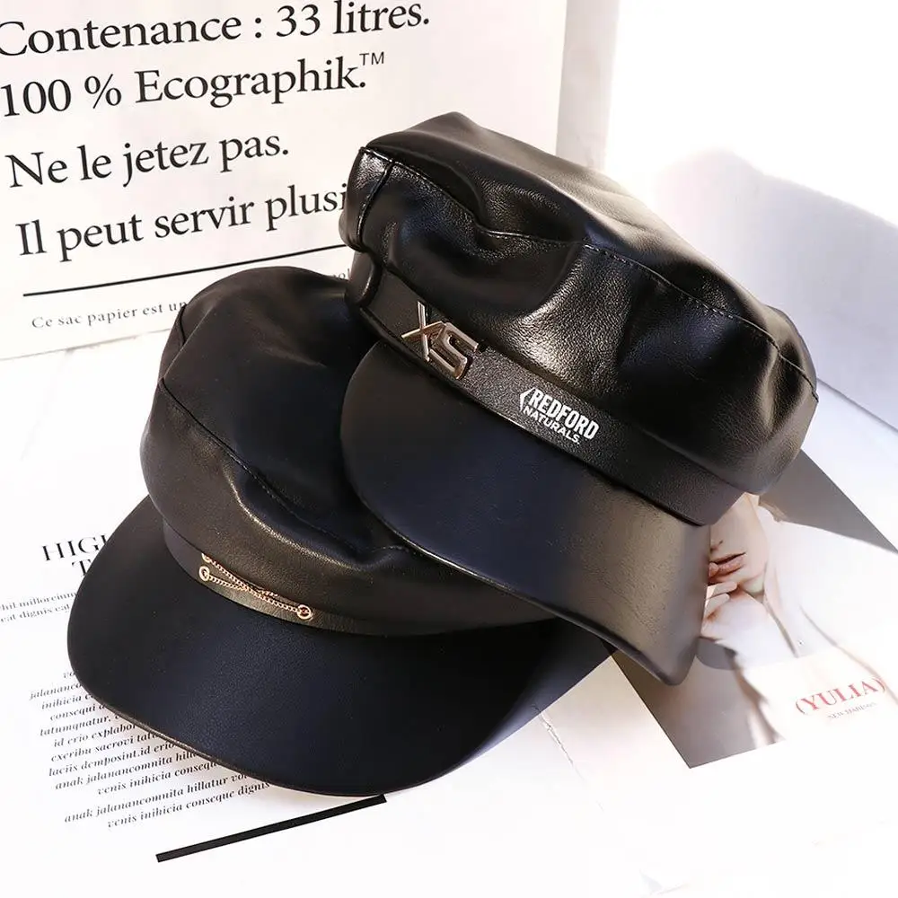 

Literary Warm All-match Chain PU Leather British Style Autumn Korean Style Octagonal Hat Painter Cap Navy Hat Women Berets
