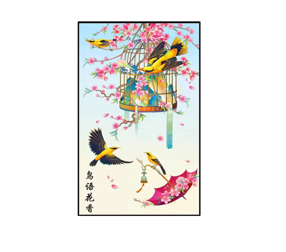 

Handmade embroidered finished product with bird songs and floral fragrance, vertical cross stitch, artificial embroidery,