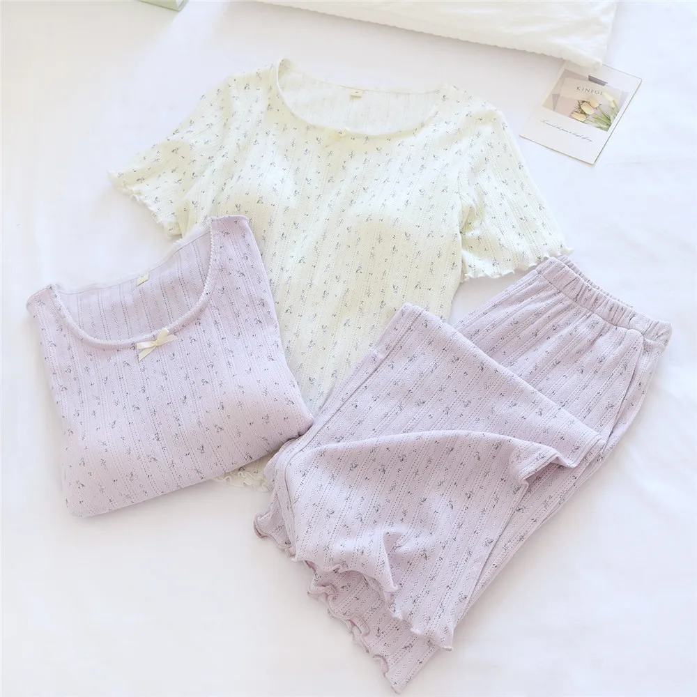 Summer Women's O-Neck Pajama Set Cotton Floral Short Sleeve Pullover Pants Two Piece Sweet Home Clothes Sleepwear
