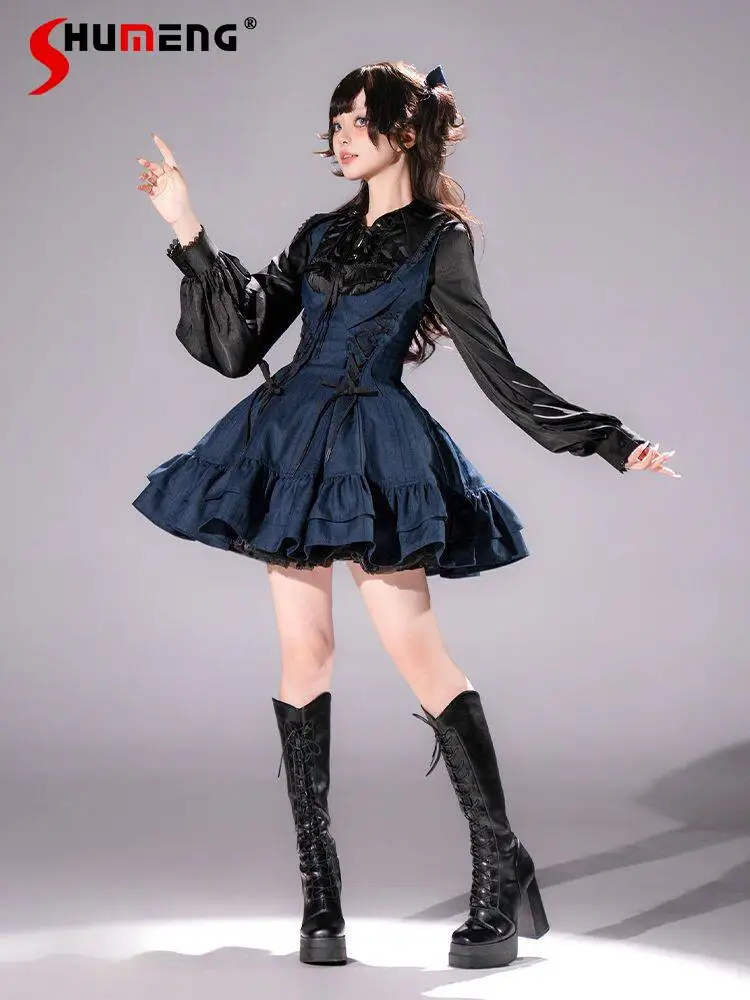 

Dark Goth Lolita JSK Suit Lantern Long Sleeves Shirt Top High Waist Lace-up Slim Short Dress Two-piece Set for Women Spring 2026