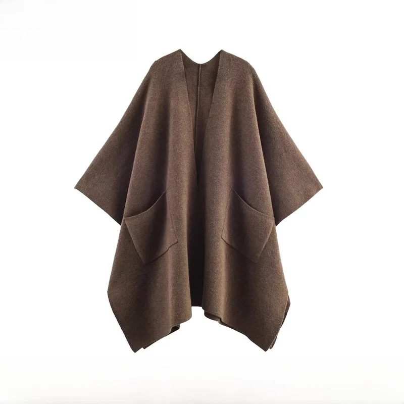 

Autumn Winter New Women's Loose Long V-ne Knitted Cloak Street Sle Pure Color Polyester Fiber 00% Faionable Ladies' Coat