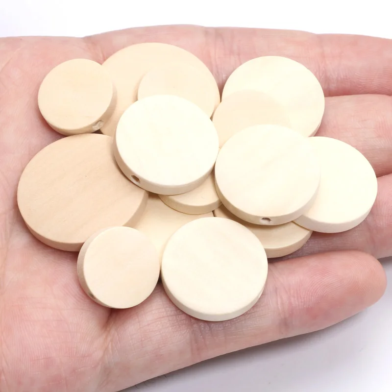 10-30pcs 15/20/25mm Unfinished Blank Wood Chip Flat Round With Holes Slices Wooden Beads For Woodwork Craft Diy Ornaments