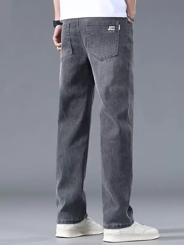 Celana Jeans Pria Sutra Es Musim Panas Ultra Tipis Celana Panjang Elastis Kasual Ukuran Besar Kaki Lurus Longgar Tren Remaja Tahan Aus