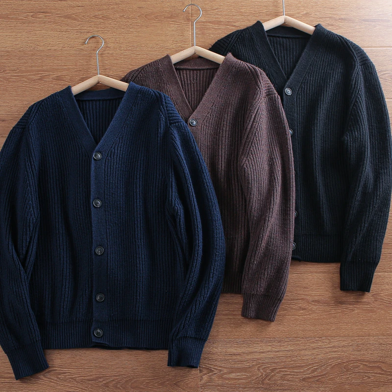 

Мужской зимний утепленный шерстяной кардиган с V-образным вырезом, 100% шерсть, вязаный свитер, деловой стиль, длинный рукав, верхняя одежда