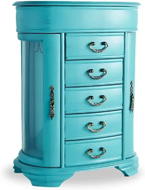 Turquoise Glass Jewelry Organizer Box with Mirror, Drawers & Necklace Hooks for Storage