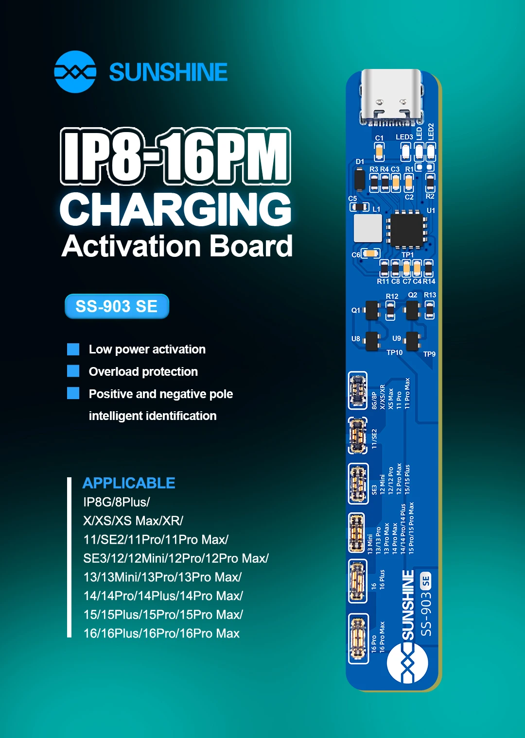 SUNSHINE SS-903 SE Fast Charging Activation Board for IP 8-16Pro 16Plus16ProMax Android Overload Protection Charging Tester