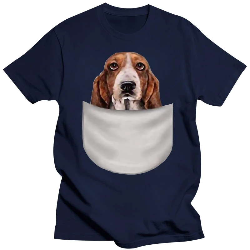 New Arrival Mens T-shirt T-Shirt, Basset Hound Gazing Out from Pocket, Dog hip hop street T-shirt