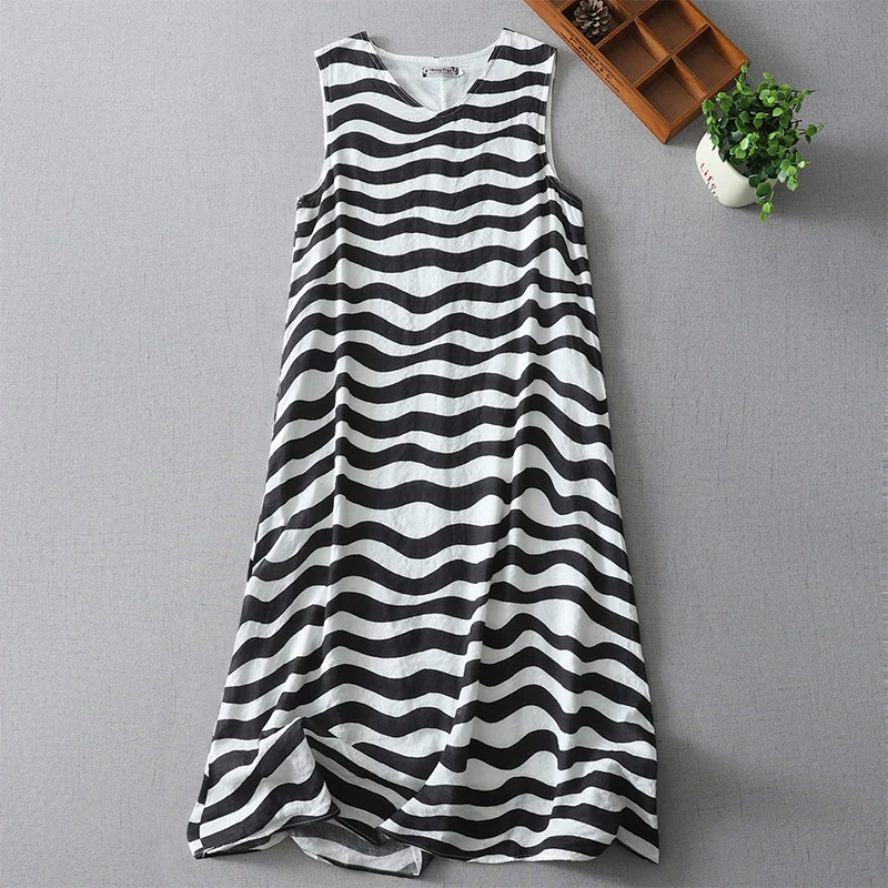 

Summer New Women's Pure Cotton Striped Vest Dress Midi Loose Wide V-neck Sleeveless Dress Comfortable Breathable A-line Skirt