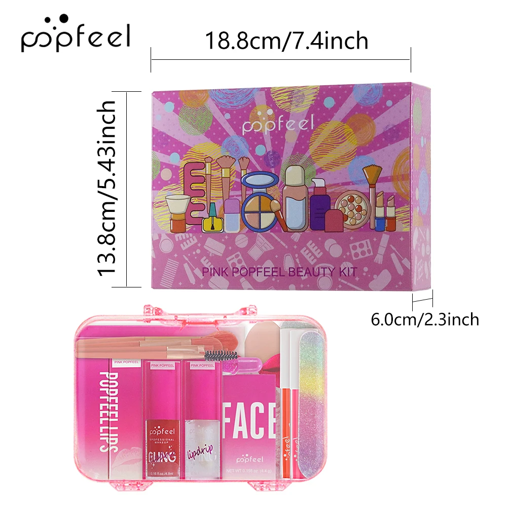 POPFEEL Różowy Zestaw do Makijażu - Kompletny Zestaw Cieni do Powiek, Podkładu i Pomadki na Święta i do Prezentowania na Boże Narodzenie.