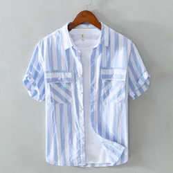 Summer New Men's Cotton 100% Shirts For Hawaii Pocket Luxury Striped Short Sleeve Lapel Tops Casual Street Clothing