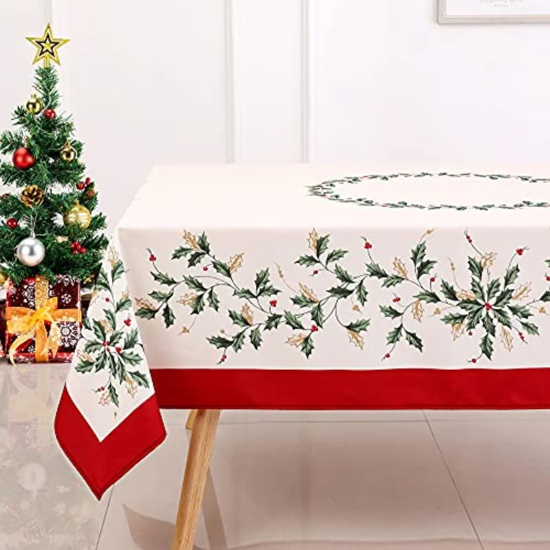 Christmas Leaf Printed Tablecloth Anti-Fouling Rectangular Tablecloth Decorative Tablecloth for Holiday/Dining/Wedding Party Use