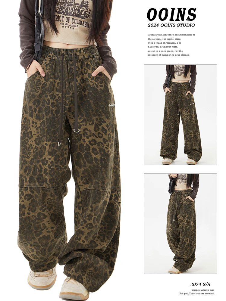 

ADAgirl Vintage Leopard Jeans Women Hip Hop Causal Baggy High Waist Wide Leg Parachute Denim Pants Y2k Fashion Mujer Sweatpants