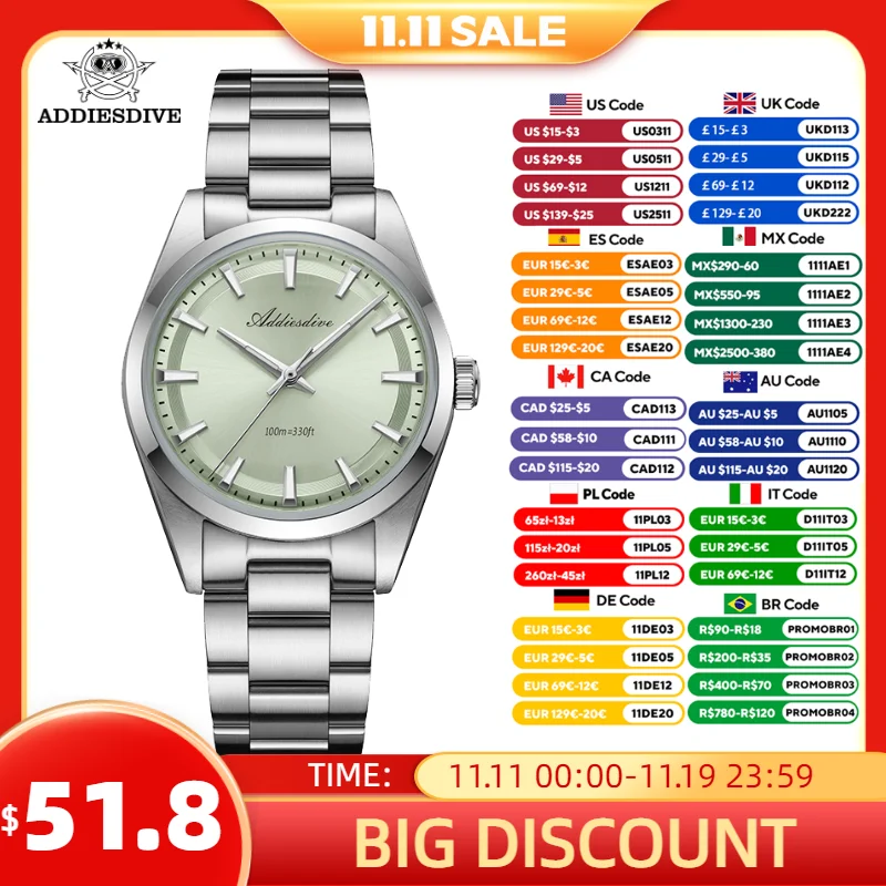 

ADDIESDIVE Quartz Watch For Men 36mm Dome Glass BGW9 Luminous Diving 100m Waterproof Stainless Steel VH31 Wristwatch New AD2066