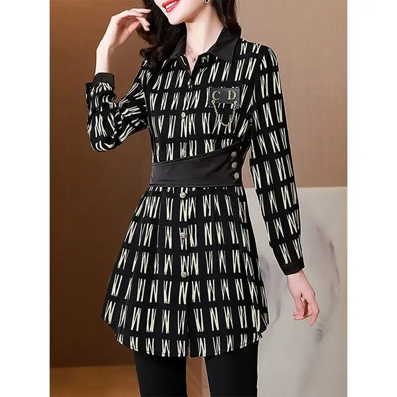 

Fashion Letter Printing Shirt Tops Spring Autumn New Polo Neck Long Sleeve Button Patchwork Blouse Vintage Elegant Women Clothes