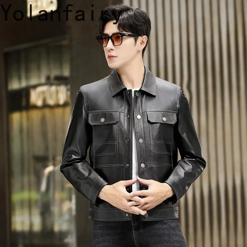 YOLANFAIRY  Top Quality Men's Head Layer Cowhide Leather Jacket American Casual Short Genuine Leather Coat Motorcycle Jackets