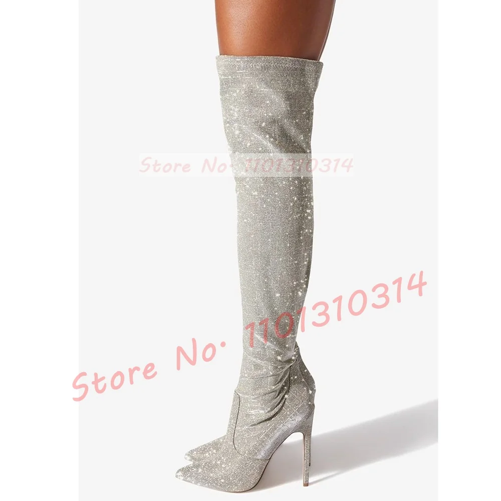 Glitter Over The Knee Stretch Boots Pretty Sparkling High Thin Heels Pointed Toe Side Zipper Thigh High Boots Women Street Style