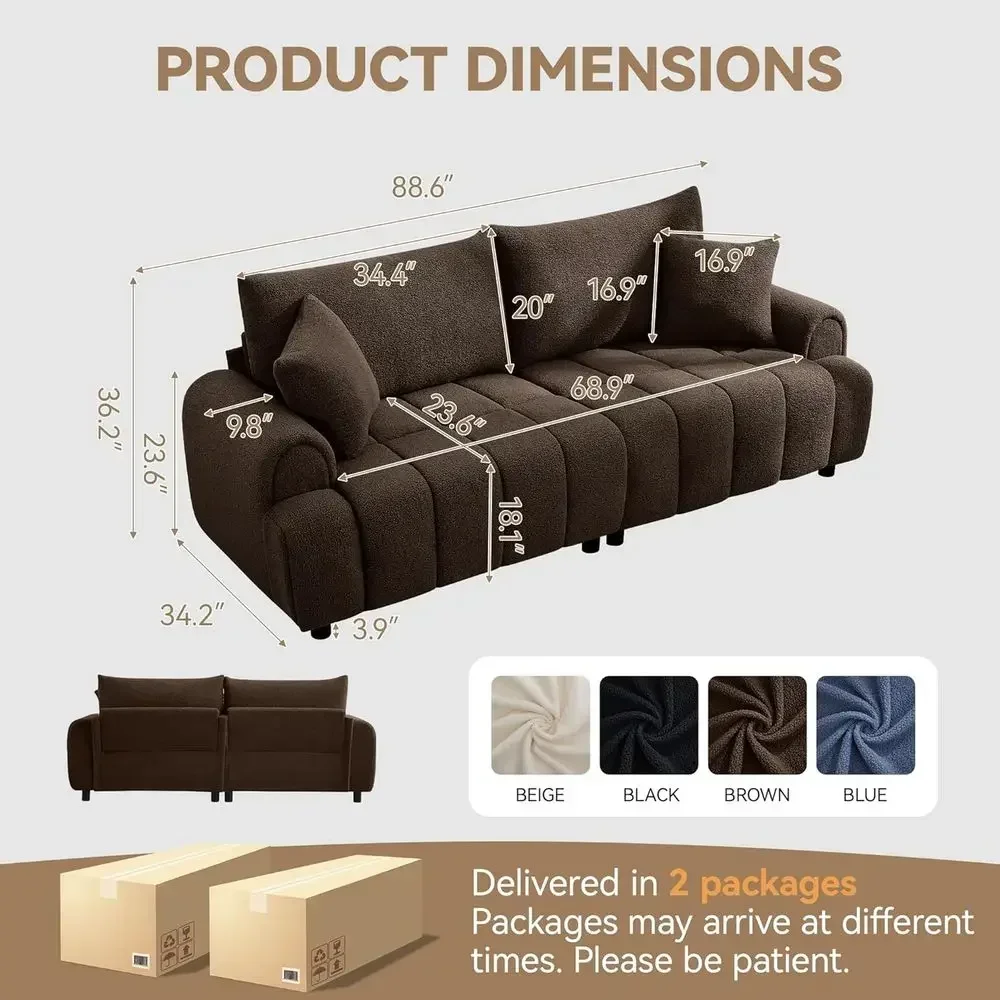 Oversized Sherpa Curved 3 Seater Sofa, Deep Seat Loveseat, Comfortable Teddy Arm Couch for Living Room or Bedroom, Brown