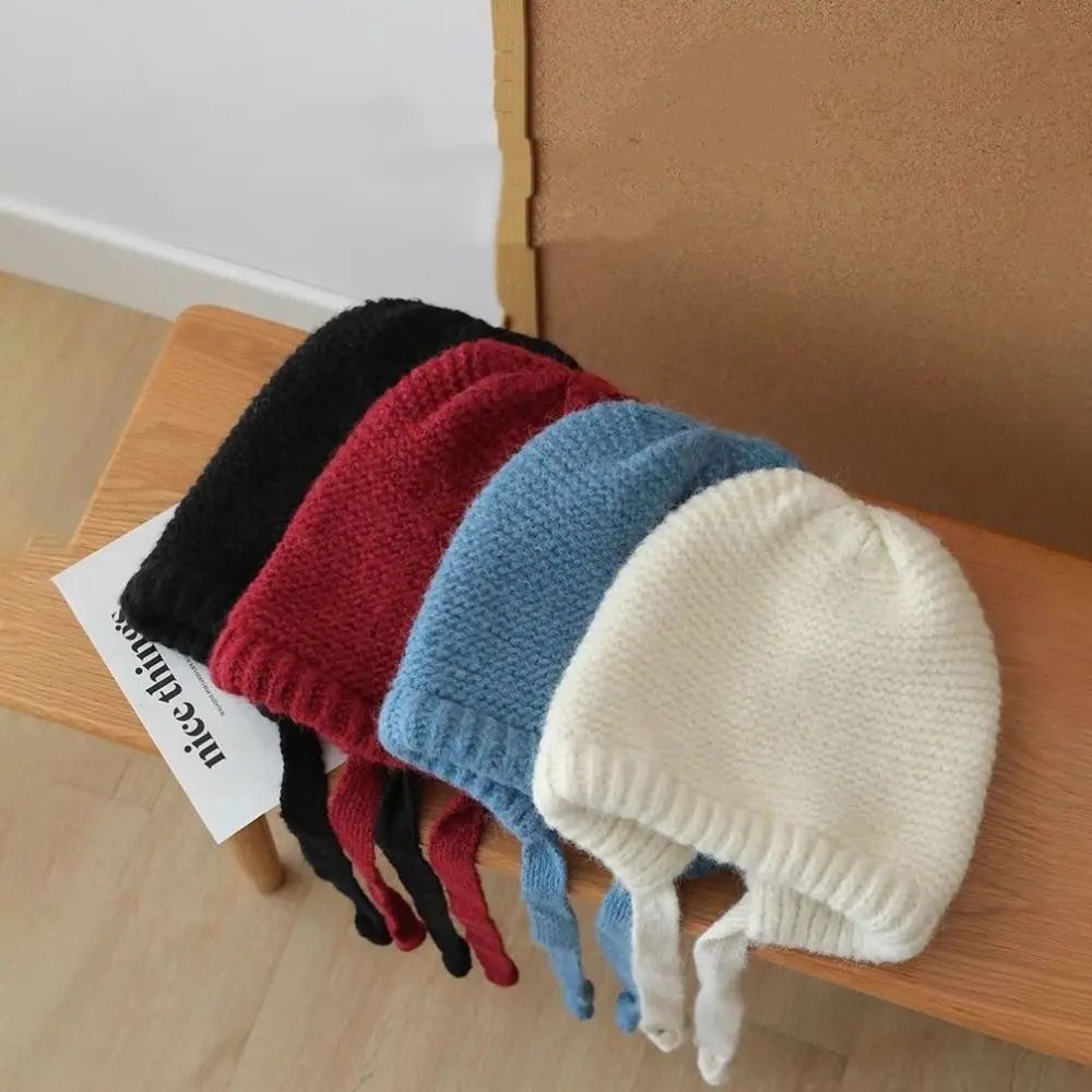 Versatile Ear Protection Knitted Hat Warm Strap Windproof Rope Beanie Hats Wool Bag Hat Women