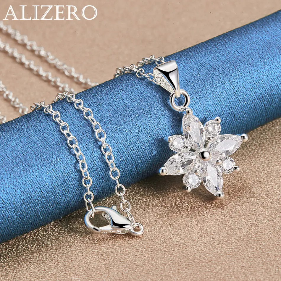 

ALIZERO 925 Sterling Silver Luxurious inlay Zircon Flower Pendant Necklaces With 16-30 inch Chain Women Lady Fashion Jewelry