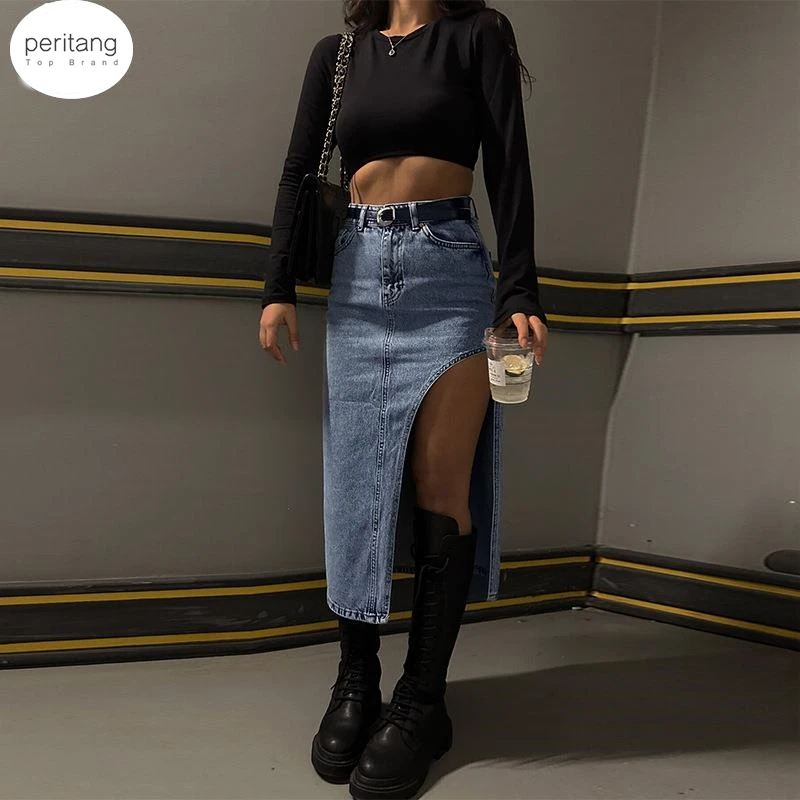 

PERITANG Elegant Side Split Skirt Women Summer High Waist Midi Skirt Female 2024 Spring Fashion Denim Office Blue Ladies Clothes