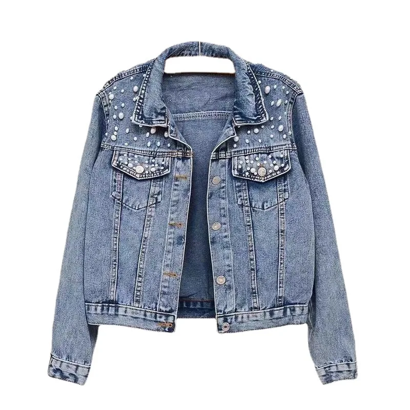 

Nail Beads Trendy Jeans Jacket for Women Denim Jacket Korean Clothe Crop Denim Jacket Pockets Lapels New Spring Autumn Tops